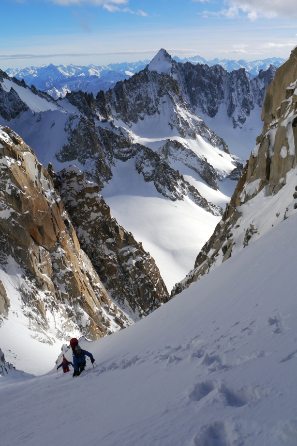Brendan and Tom nearing the top of the couloir, with Mont Dolent in the background. 